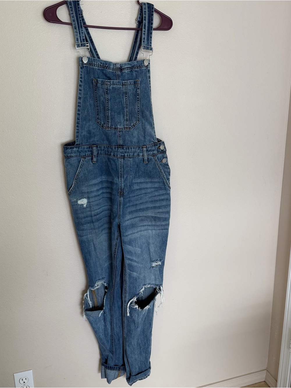 Blue Distressed Denim Overalls - Women's Jumpsuit